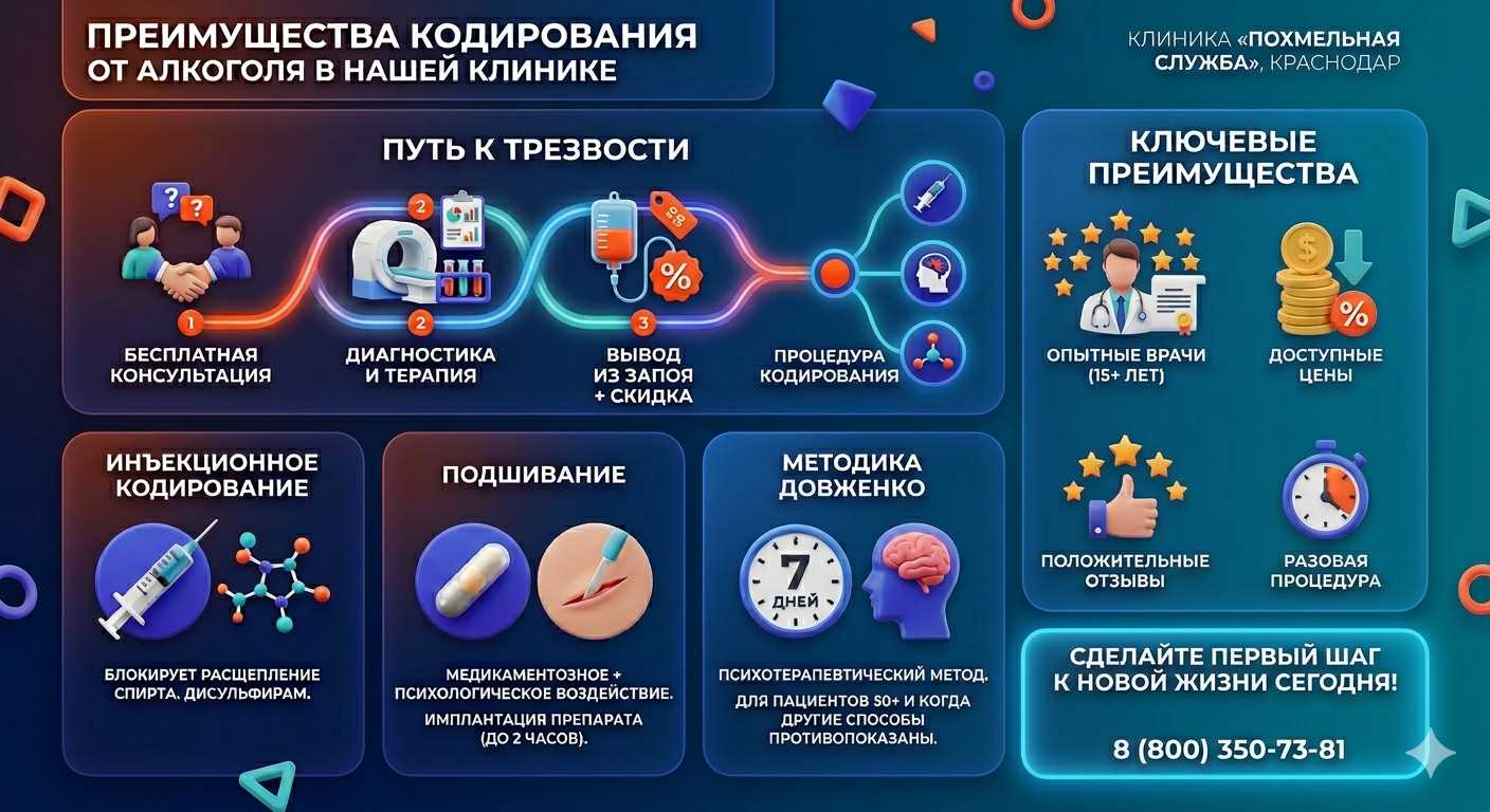 Инфографика о методах кодирования от алкоголя в Афипском: инъекции, подшивание, метод Довженко. Преимущества клиники и этапы лечения.