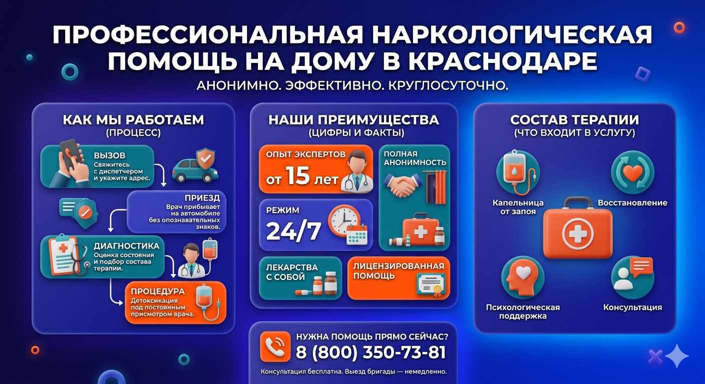 Инфографика о принципах лечения алкоголизма на дому в Афипском: этапы вызова нарколога, преимущества анонимной детоксикации и состав медицинской помощи.